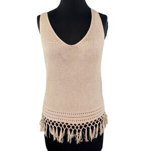 Lilly Pulitzer Dulce Beige Gold Tank Sweater Crochet Tassel Hem Pullover Size XS